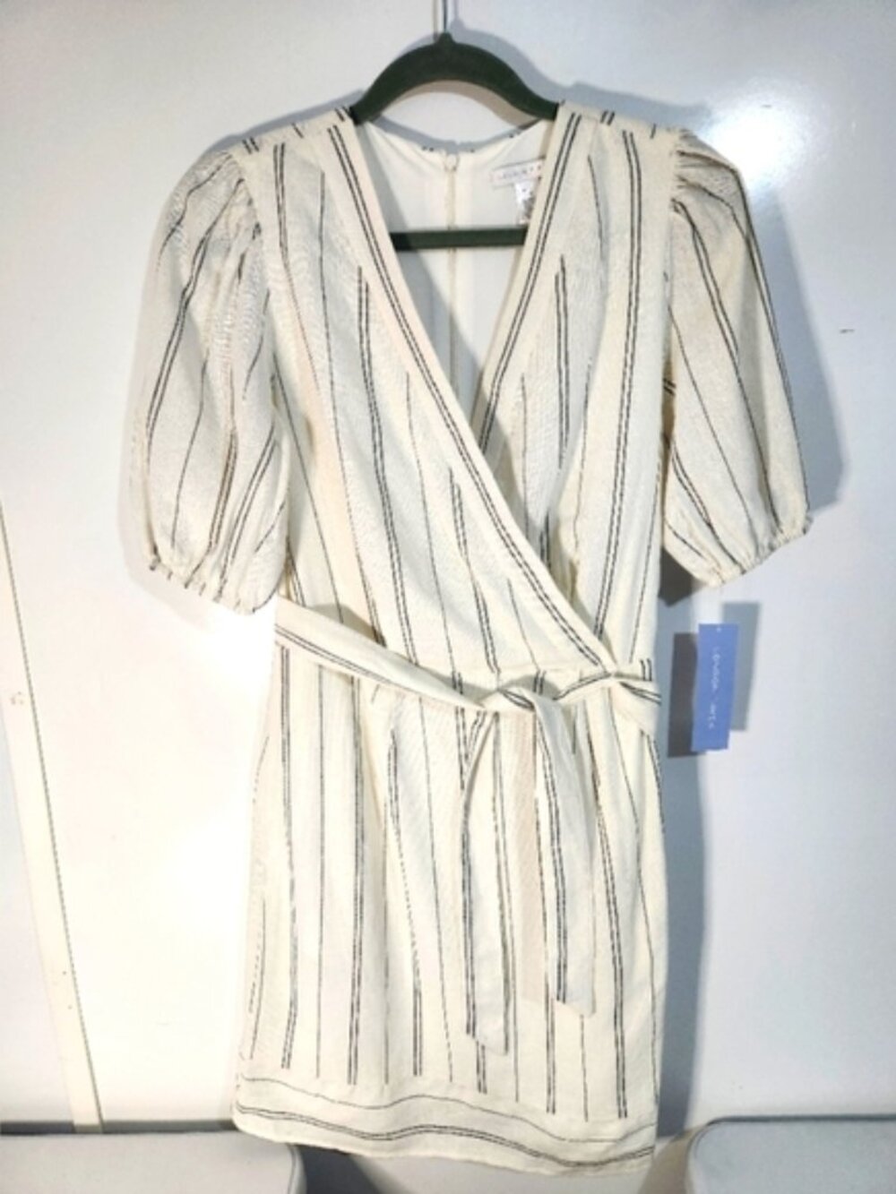 NWT London Times Linen Striped Wrap Dress in Cream and Black, Size 6